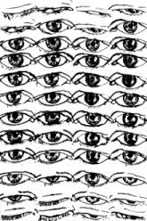 a black and white drawing of many eyes with different expressions