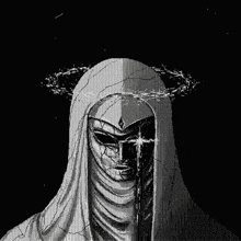a black and white drawing of a person with a crown of thorns on their head
