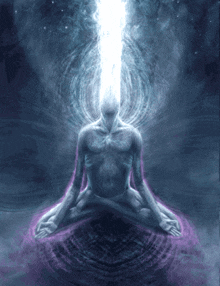a man is sitting in a lotus position with a light coming out of his head