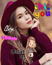 a woman wearing a hat and a sweater with the words hi you written on it