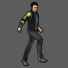 a man with a yellow arm and a black vest walks