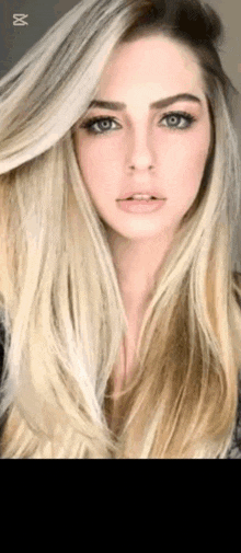 a woman with long blonde hair is looking at the camera .