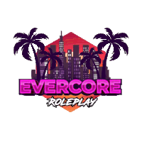 a logo for evercore roleplay has palm trees and a city skyline