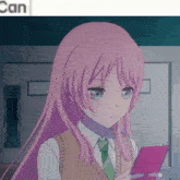 a girl with pink hair is looking at a cell phone with the word can in the upper right corner