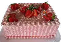 a pink cake with strawberries and pearls has the letters ac on the top