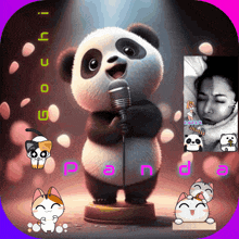 a picture of a panda bear singing into a microphone with the word gouchi on the bottom right
