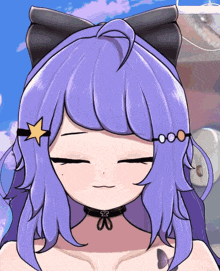 a girl with purple hair is wearing a choker with the letter a on it