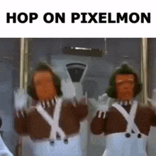 a couple of people standing next to each other in front of a glass door with the words `` hop on pixelmon '' .