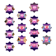 a collage of purple squares with pink hearts and the word love on them