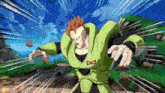a cartoon character in a green suit is standing in a field in a video game .