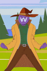 a cartoon character with a purple head and the letter w on his chest