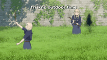 a cartoon of two girls in a field with the words friskna outdoor time above them