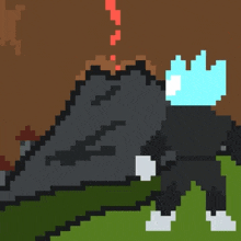 a pixel art of a person standing in front of a volcano .