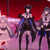three anime girls are standing next to each other on a stage