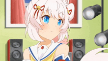 an anime girl with white hair and blue eyes