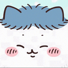 a cartoon drawing of a cat with a blue ear and pink cheeks