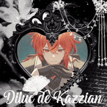 a picture of a red haired anime character with the name dilluc de kazzian