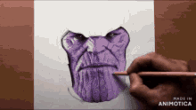 a person is drawing thanos with a purple pencil