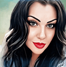 a painting of a woman with red lips and blue hair