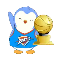 a penguin wearing an okc jersey holds a trophy