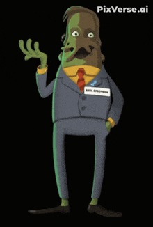 a cartoon of a man in a suit and tie with a name tag that says pixverse.ai