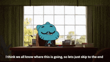 gumball from the amazing world of gumball is sitting at a desk in front of a window