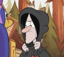 a cartoon character is wearing a black hoodie with a heart on the front