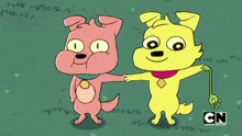 a pink dog and a yellow dog are standing next to each other with cn written on the bottom