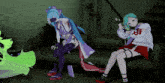 two anime girls are sitting on a couch with one wearing a white hoodie with chinese characters