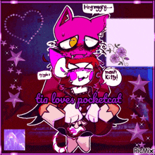 a cartoon of a cat hugging another cat with the words tia loves pocketcat at the bottom