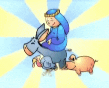 a cartoon of a man riding on the back of a donkey and a pig