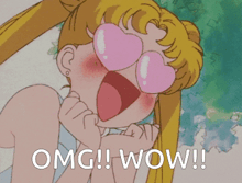 a cartoon of a girl with heart shaped glasses and the words omg wow