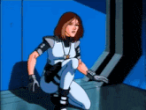 a cartoon character is kneeling down in front of a blue door