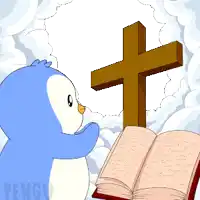 a penguin is standing in front of a cross and a bible