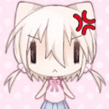 a cartoon girl with pigtails and a cat ear is making a angry face .