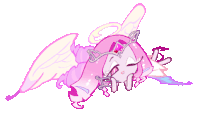 a cartoon angel with pink hair and white wings is laying down on a white background .