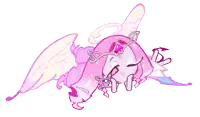 a cartoon angel with pink hair and white wings is laying down on a white background .