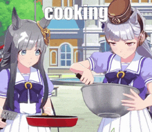 two anime girls are cooking with the word cooking in the corner