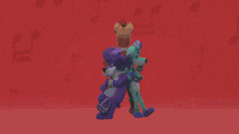 a purple dog and a blue dog are standing next to each other in front of a red background