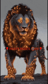 a painting of a lion with the words heavy roses written below it
