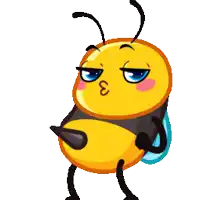 a cartoon bee with blue wings and a kissing face