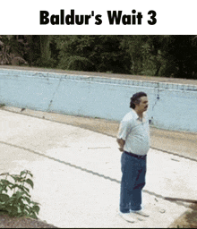 a man standing in front of a pool with the words baldur 's wait 3 on the bottom