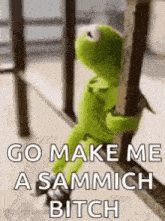 kermit the frog is sitting on a railing and saying `` go make me a sammich bitch ''