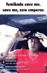 a man in a red shirt is sitting in the driver 's seat of a car with a caption that says fumicado save me