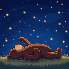 a cartoon of a bear laying in the grass looking up at the stars