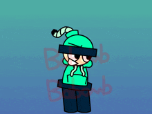 a cartoon character is standing in front of a blue background with the letters babab visible