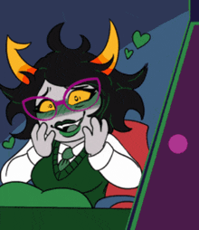 a cartoon drawing of a girl with horns wearing glasses and a green vest