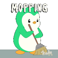 a green and white penguin is mopping the floor