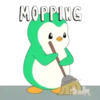 a green and white penguin is mopping the floor