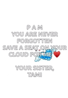 pam you are never forgotten save a seat on your cloud for me .